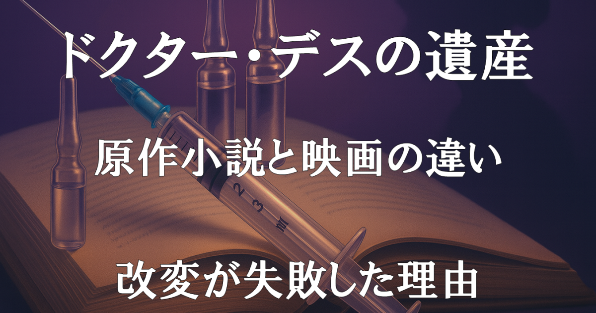 映画『ドクター・デスの遺産』の原作小説との違いや改変点をレビューし、改変が機能しなかった理由を示す記事用アイキャッチ画像。