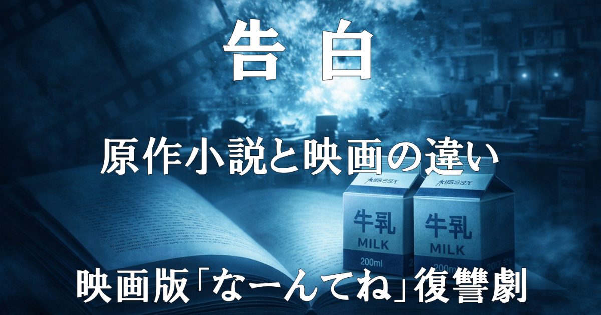『告白』原作小説と映画の違いを示す画像。映画版で追加された「なーんてね」とラスト改変の要素を視覚的に表現したアイキャッチです。